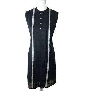 Vtg 60s Lang Fashions Sleeveless Black Shift Dress S Tuxedo Pleats Lace Prop